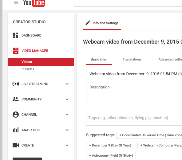 YouTube Video Manager page