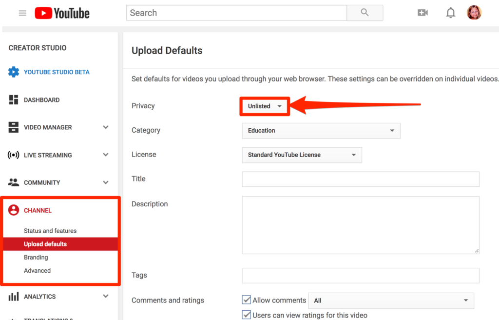 youtube upload defaults tag field sentense