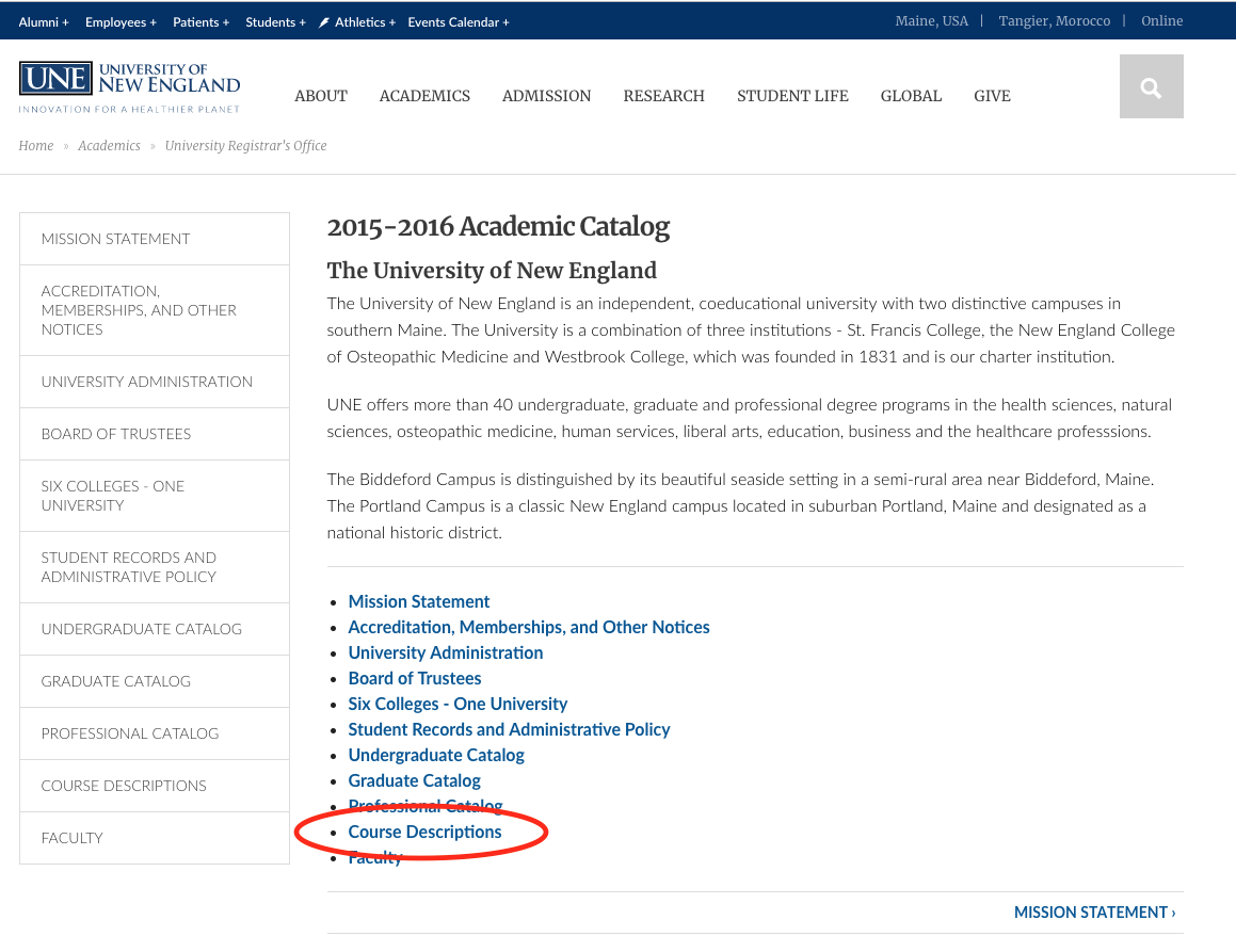 How to See the Course Catalog Descriptions from a Specific Year - Portal  for UNE Online Students, Student Portal