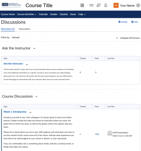 Screenshot of discussion forums in Brightspace